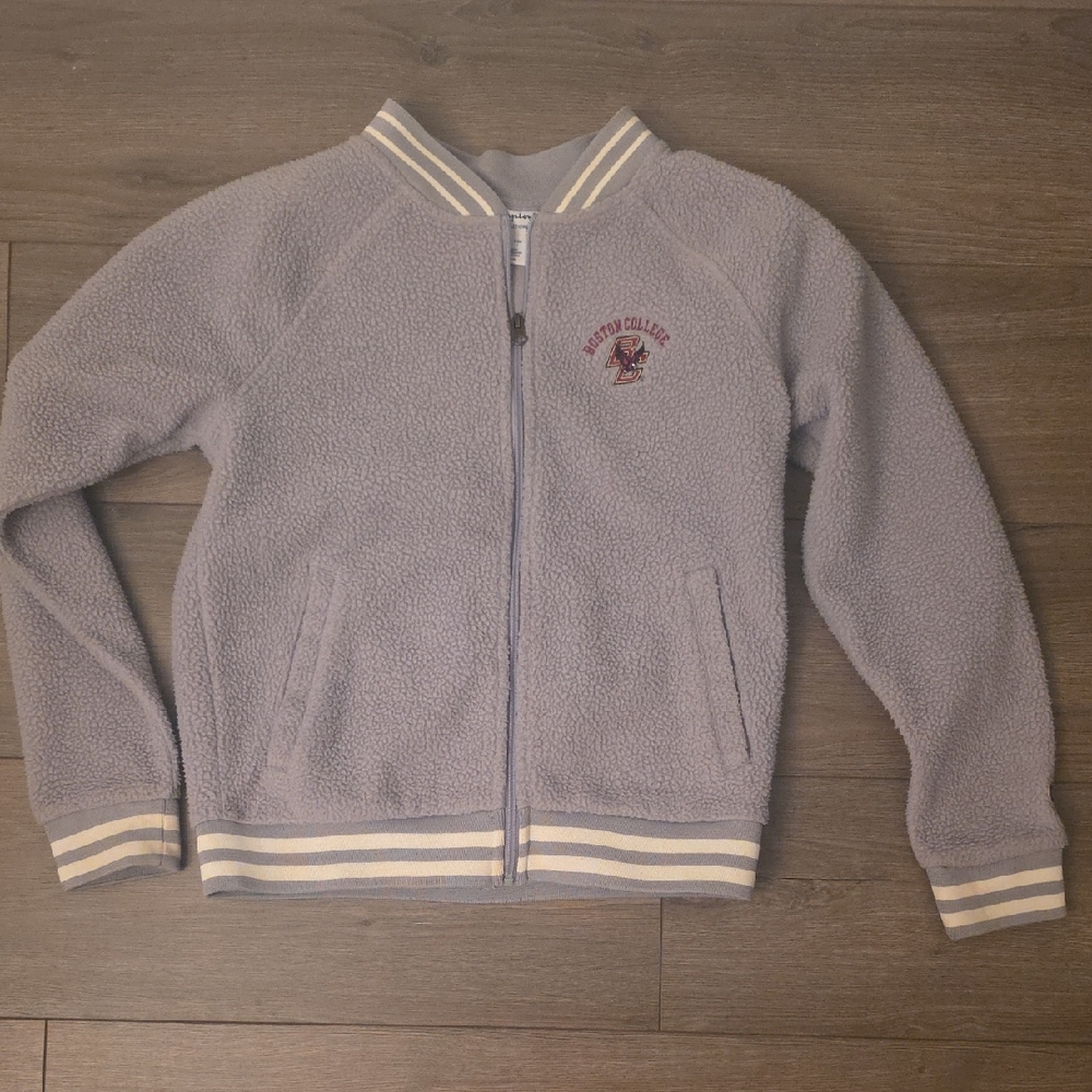 Champion Grey Sherpa Varsity Jacket with Stripe Trim